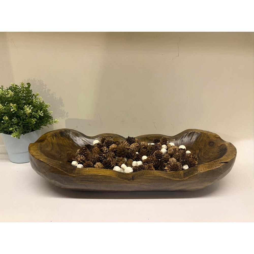 Carved Wooden Dough Bowl Rustic Scalloped Edge Centerpiece with Pine Cones